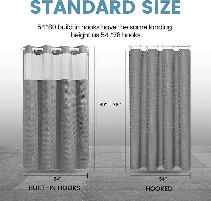 EUTXL Heavyweight No Hook Shower Curtain with Liner, Grey, 54x80 | Snap in Liner, Thick Waffle Fabric, Hotel Quality, Corner Magnets, Waterproof & Washable
