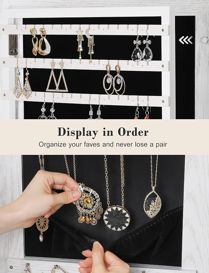 Nicetree 360° Swivel Jewelry Cabinet with Lights, Full Length Mirror, Lock | Standing Mirror Jewelry Cabinet, Lockable Mirror with Storage, Lighted Interior Mirror, Shelves, Flip-over Shelf, Grain White