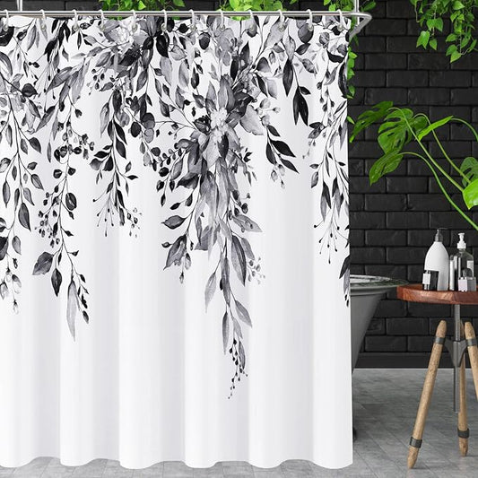 Shower Curtain Black and White Shower Curtains for Bathroom,Watercolor Leaf Shower Curtain Sets Waterproof Plant Eucalyptus Shower Curtain Leaves Bathroom Curtains 72x72 in with Hooks