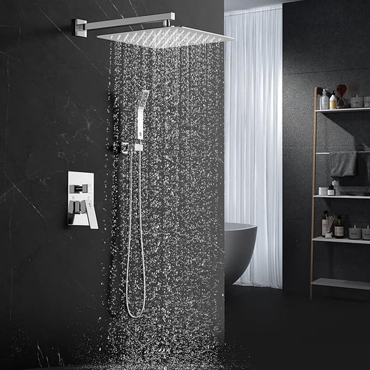 SR SUN RISE Polished Chrome Square Rainfall Shower Head and Handle Set, Wall Mounted Shower Fixtures, Metal Shower Faucet Trim Repair Kits (With Shower Valve) 16 Inches