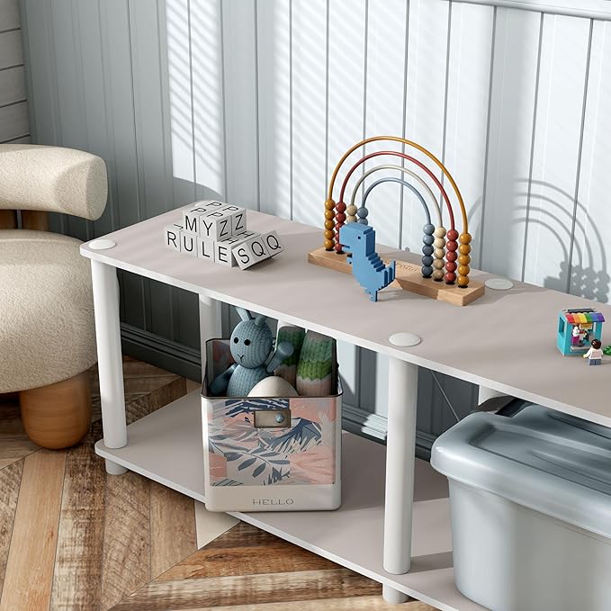 Homes: Inside + Out Apexa Modern 2-Tier Extra Wide Shelving Units, Collectibles Display Shelves, Easy Assembly Low Shelf, Home Storage Organizer for Living Room, Bedroom, Office, Taupe Grey