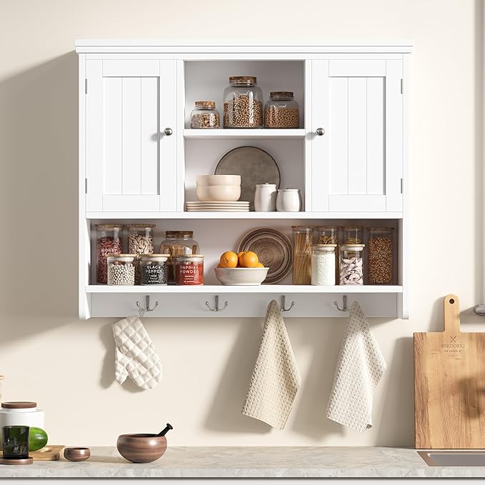 Bathroom Wall Cabinet with Doors and Hooks, 3-Tier Wall Mounted Cabinet | Modern Medicine Cabinet with 3 Open Shelves, Over the Toilet Storage Cabinet for Kitchen, Laundry Room, Living Room, White