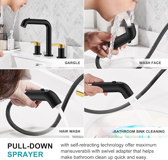 KENES Black and Gold Pull Out Widespread Bathroom Faucet 3 Hole, 8 Inch 2 Handle Bathroom Sink Faucet with Pull Out Sprayer, Vanity Faucet with Pop Up Drain & Supply Lines LJ-9058A-BG