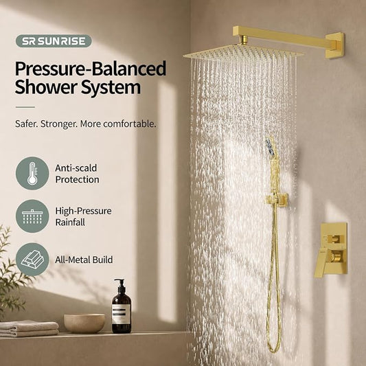 SR SUN RISE Shower Faucets Sets Complete Brushed Gold Square Rain Shower Head with Handheld Spray All Metal Shower Faucet Trim Repair Kits (Contain Shower Valve)