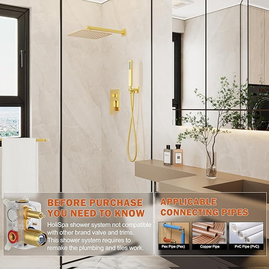 12" Rain Shower System with Handheld & Valve, Brushed Gold | Wall-Mounted High-Pressure Shower Faucet Combo Set, 12-Inch Rain Shower Head with Handheld Spray,Includes Valve and Trim Kit