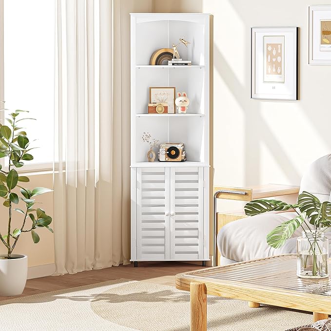 VECELO Tall Corner Cabinet, 68.8'' Storage Cabinet with Doors and Adjustable Shelves, for Living Room, Bathroom, Kitchen, White