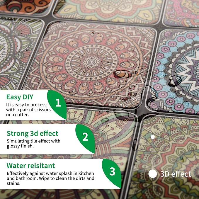 LONGKING Peel and Stick Backsplash Tile Stickers, Colorful Moroccan Tile for Kitchen, Stick on Wall Tiles (10 Sheets) | Peel and stick backsplash, self-adhesive wall tile, Colorful Moroccan, waterproof, kitchen bathroom wall, 10-sheet