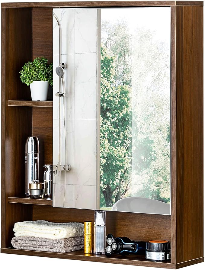ChooChoo Bathroom Wall Mirror Cabinet, Medicine Cabinet with Storage Shelf | Over The Toilet Storage Cabinet, Adjustable Shelf, 6.3 x 21.6 x 24 Inches, Walnut