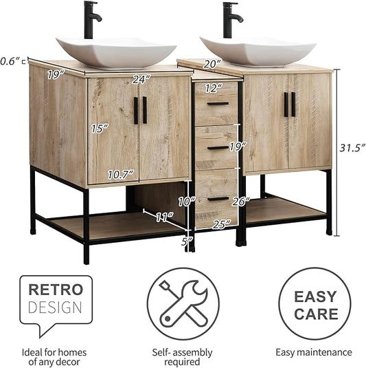 UEV Rustic Oak 60" Double Bathroom Vanity with Sink Combo,Industrial Iron Frame 2 Main Bathroom Vanity with Middle 3 Drawers Cabinet,Modern Artistic Ceramic Vessel Sink(032WH)