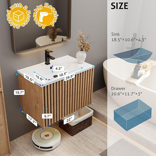eclife 30" Floating Bathroom Vanity with Sink Combo, Modern Wall Mounted Cabinet with 2 Fluted Drawers, Undermount Sink, Faucet, Drain, Mixed Natural