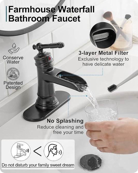 Waterfall Faucet, Brass Oil Rubbed Bronze Bathroom Faucet 1 Hole, Single Handle Bathroom Faucets, 4 Inch 3 Hole Bathroom Sink Faucet with Pop Up Drain Deck Plate & Supply Hoses for Farmhouse
