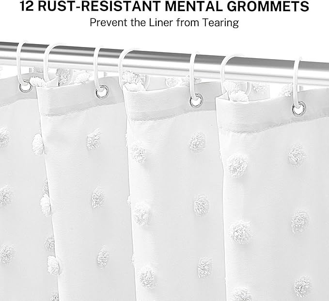 Extra Long Boho Farmhouse Shower Curtain Woven Fabric 84 Inch White Shower Curtain, 72 x 84 Tufted Pleat Floral Puffs Textured Modern Minimalist Shower Curtain Set with Hooks for Bathroom