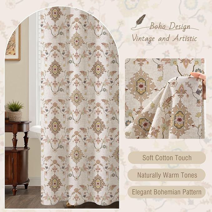 Boho Floral Shower Curtain, Vintage Cottage Core Shower Curtains for Bathroom, 72Wx72H Inch