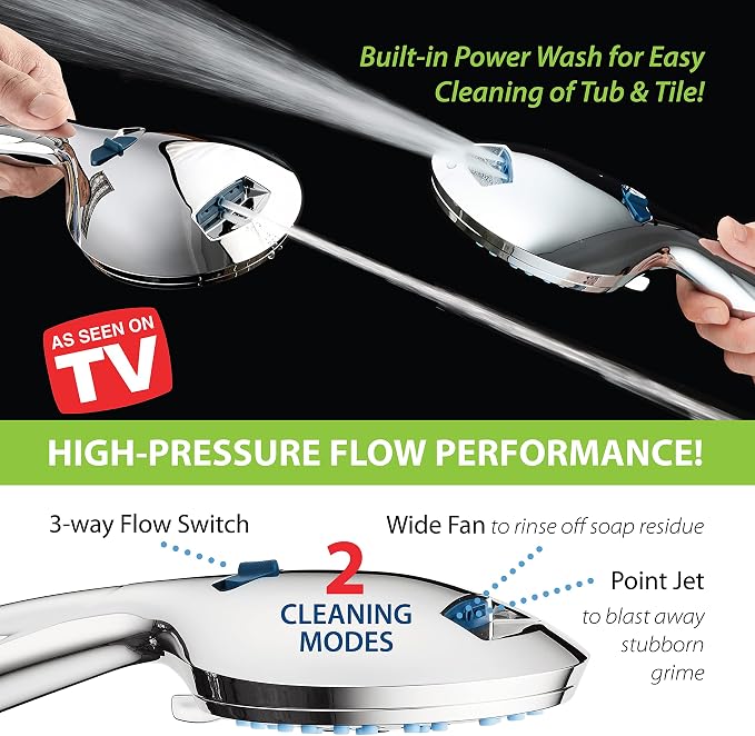 AquaCare 48-mode High Pressure 3-way Shower Head Combo w/ 2-mode Power Wash | Pure Clean Jets, Dual Handheld Power Wash for Tub, Tile & Pets, Long 6 ft. Stainless Steel Hose, Extra Wall Bracket / Chrome