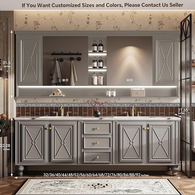 Double Sink Bathroom Vanity, Luxurious Bathroom Vanity with LED Smart Defog Mirror, Solid Freestanding Wood Vanity Sink Cabinet
