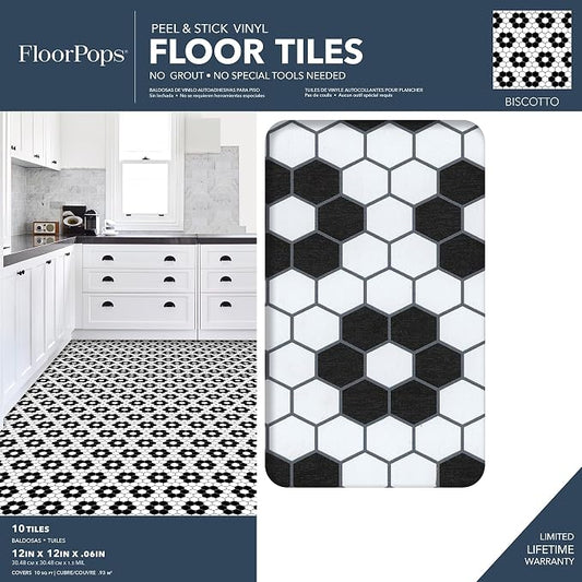 FloorPops Black Biscotto Peel & Stick Floor Tiles,FP3931,(Pack of 6)