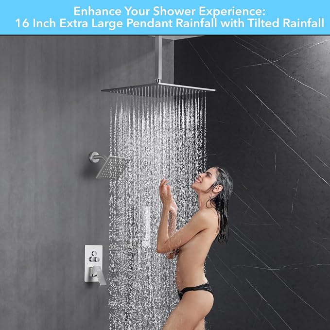 VANFOXLE Shower System, Brushed Nickel Shower Faucet Set, Push Button Valve | 16 Inch Ceiling Mount Rain Head, 6 Inch Wall Mount Head, 2-in-1 Handheld Sprayer, Solid Brass Valve, Rust Resistant