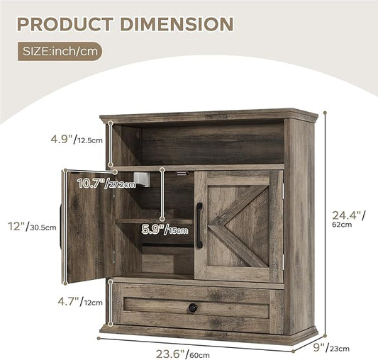 Bathroom Wall Cabinet, Wall Mounted Medicine Cabinet with Drawer, Barn Door & Adjustable Shelf, 24.4"H x 23.6"W x 9"D Grey Over Toilet Farmhouse Storage Cabinet for Kitchen, Laundry, Entryway
