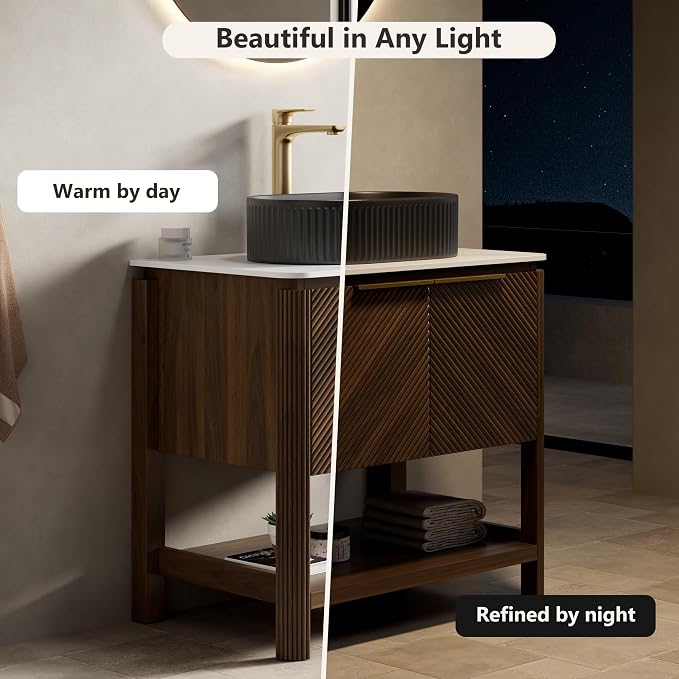 Yayzy 30 Inch Bathroom Vanity with Sink, Freestanding Dark Walnut Bathroom Cabinet, Matte Black Oval Vessel Sink, Carrara White Sintered Stone Countertop, Soft Close Doors, Open Storage Shelf