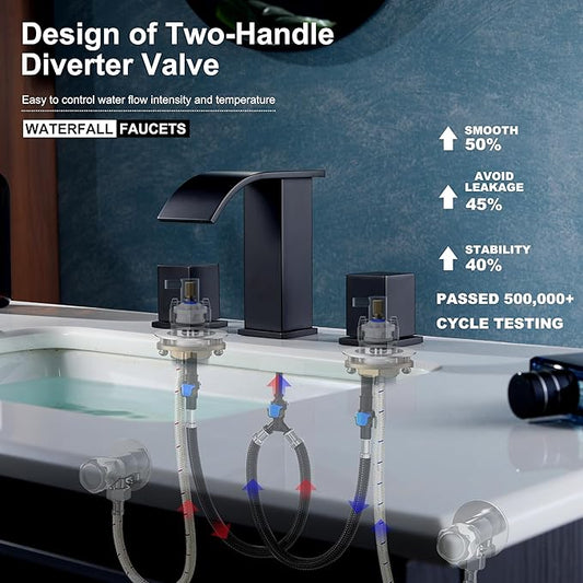 3 Hole Bathroom Faucet, Matte Black 8 inch Bathroom Sink Faucets Widespread 2 Handles, Metal Square Modern Waterfall 3 Hole Bathroom Vanity Faucets with Pop Up Drain, Black Faucet