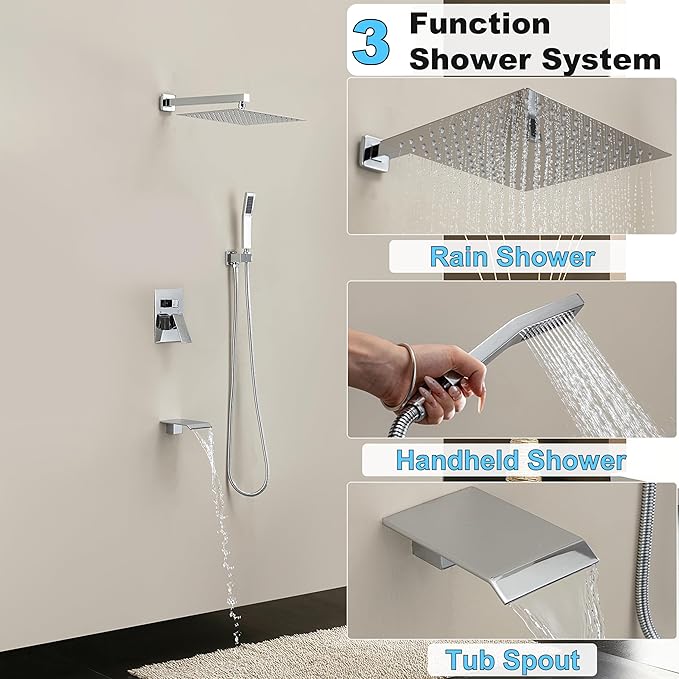 Shower System with 10-Inch Rain Head and Tub Spout | All-Metal Tub Shower Faucet Set, Wall Mounted Rain Showerhead, Handheld Spray, Includes Valve and Trim Kit, Polished Chrome