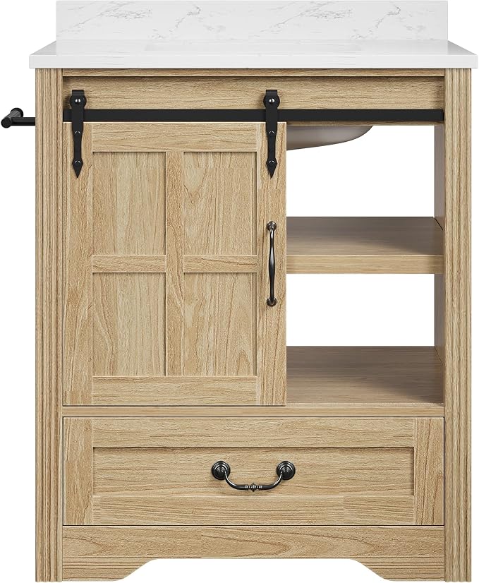 IRONCK Bathroom Vanity with Sink 30", Vanity Cabinet with Water Baffle | Engineered Marble Top & Ceramic Sink, Soft Close Drawer & Open Shelves, Easy Assembly, Farmhouse Vanity for Bathroom