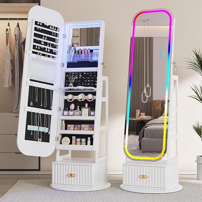 Jewelry Cabinet with RGB Mirror and Foldable Makeup Shelf - White | SKKTKT Standing Jewelry Armoire - Rotating Storage, RGB Mirror and Foldable Makeup Shelf