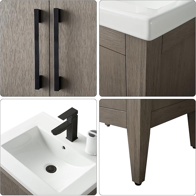 HomeBeyond 24 Inch Bathroom Vanity with Sink & Ceramic Top, Single Vanity Cabinet with Basin, Soft-Closing Doors & Matte Black Hardware, Driftwood Gray