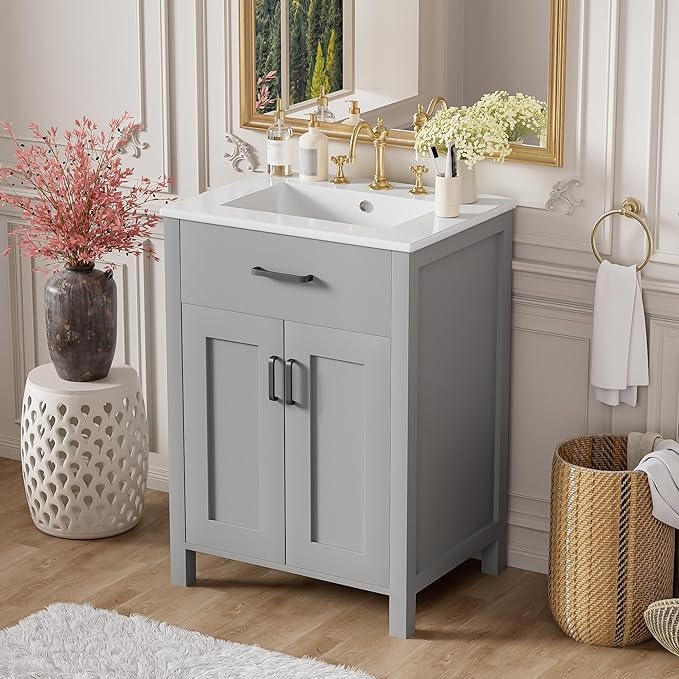 24" Bathroom Vanity with Sink, Modern Bathroom Vanity 24 Inch with Sink, 24 Bathroom Sink Vanity with Flip Drawer, Cabinet and Door Shelves, 24" Vanity with Sink for Bathroom (Grey)