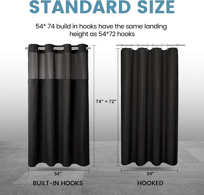 EUTXL Heavyweight No Hook Shower Curtain with Liner, Black, 54x74 | Snap in Liner, Thick Waffle Fabric, Hotel Quality, Corner Magnets, Waterproof & Washable