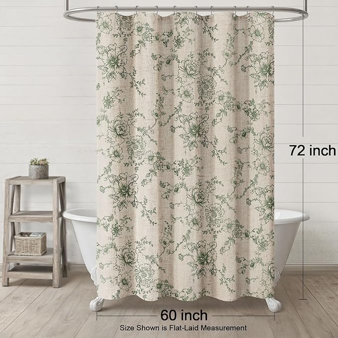 Farmhouse Floral Vintage Shower Curtain for Bathroom, Green and Tan Taupe | 60" W x 72" L, Elegant Boho Pattern Bath Curtain Linen Fabric