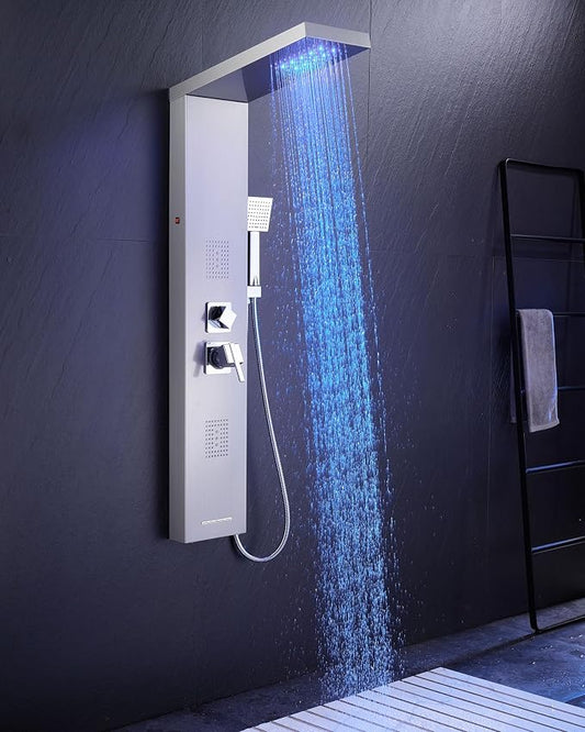5-in-1 LED Shower Panel Tower System Stainless Steel Brushed Nickel | Rainfall head | 2-in-1 body jets | Handheld shower | Tub spout | LED lights | Wall mount