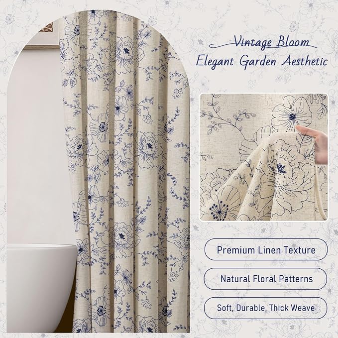 Farmhouse Floral Linen Shower Curtain, Vintage Navy Blue Embroidered Pattern Rustic Shower Curtains for Bathroom, 72x72
