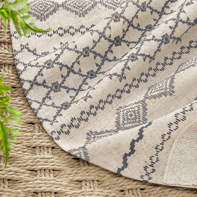 Grey Boho Linen Shower Curtain,72" W x 72" L | Linen Striped Print and Twine-Inspired Woven Center for Bathroom