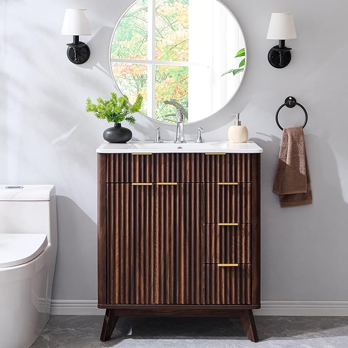 T4TREAM 30" Fluted Bathroom Vanity with Ceramic Sink Combo,Freestanding Modern Bathroom Storage Vanity Cabinet with 2 Soft Closing Doors & 3 Drawers,Wood Grain Texture,Metal Handle,Dark Walnut