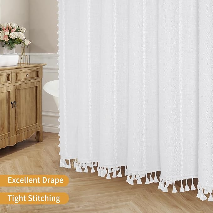 Boho Striped Tassel Linen Shower Curtain,3D Embroidery Stripe White,54x72 | Wide Stall,310GSM Striped Texture Heavy Duty Cloth,Water Repellent,Chic Cottagecore French Rustic Farmhouse,Wrinkle Resistant