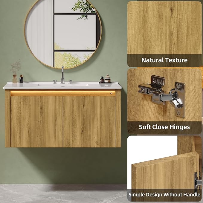 ONBRILL Modern Bathroom Vanity with Sink, Floating Bathroom Vanities with Auto Motion Sensor LED Light, 3 Hole Integrated Ceramic Basin & Soft Closing Doors for Small Space, Hotel (36",Nature)