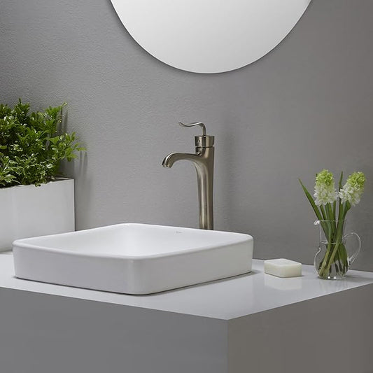 Kraus KCR-281-CH Modern Elavo Ceramic Square Semi-Recessed Bathroom Sink with Overflow and Pop Up Drain, Chrome/White 16.25