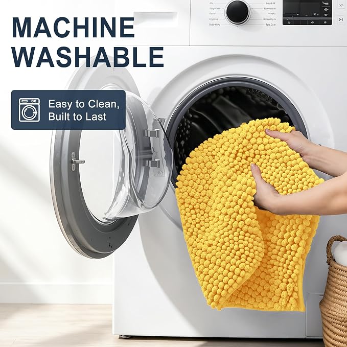 Smiry Thick Chenille Bathroom Runner Rugs 70x24, Absorbent Bath Mat, Yellow | Quick‑Dry & Machine Washable, Non‑Slip Bath Carpet, Soft Striped Bath Rugs for Tub & Shower, Modern Home Decor Accessories