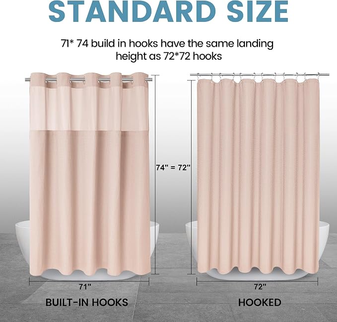 Heavyweight Waffle No Hook Shower Curtain with Liner, Blush Pink, 71x74 | Snap in Liner, 256GSM, Thick, Hotel Luxury Spa, Waterproof Fabric, Corner Magnets, 3 in 1 Set, Washable, Hang in Seconds