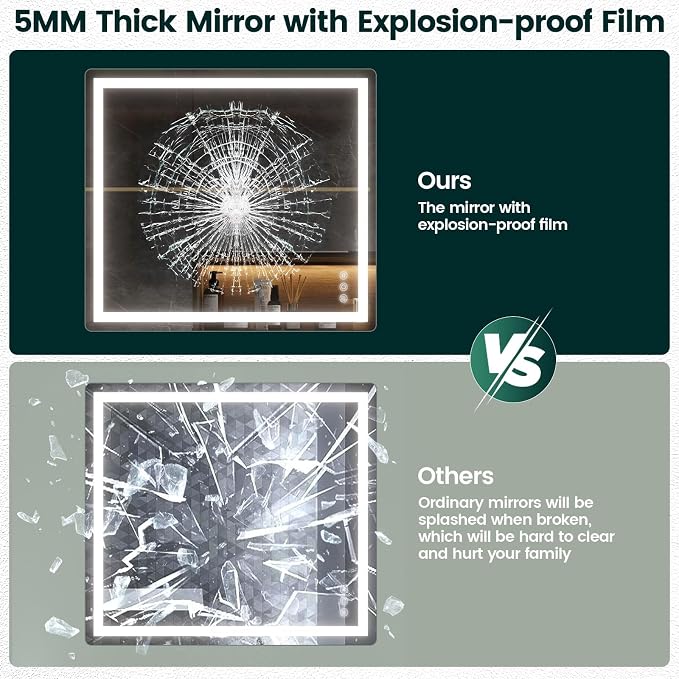 36" x 40" LED Bathroom Mirror with Lights, Memory Vanity Mirror | Anti-Fog, 3 Color Modes, Dimmable, Front Lit, Memory Function, Tempered Glass, Lighted Bathroom Mirror for Wall