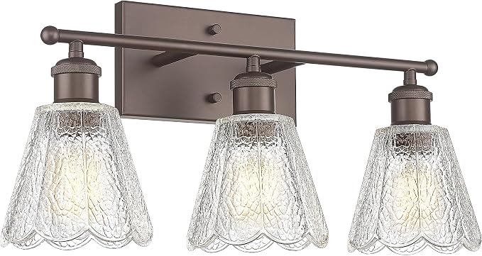 3-Light Bathroom Light Fixtures, HWH Farmhouse Sconce Wall Lighting for Mirror, Modern Wall Sconces with Clear Floral Glass, Oil-Rubbed Bronze Finish, 5HJX110B-3W ORB