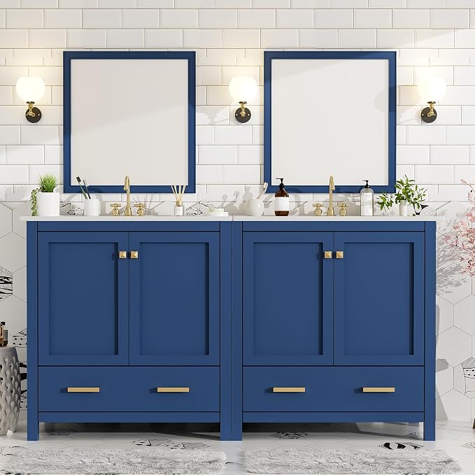 60" Bathroom Vanity Set with Double Vanities (Separate), Double Ceramic Sinks, Storage Shelf, and Divided Drawers (Mirror not Included), Blue