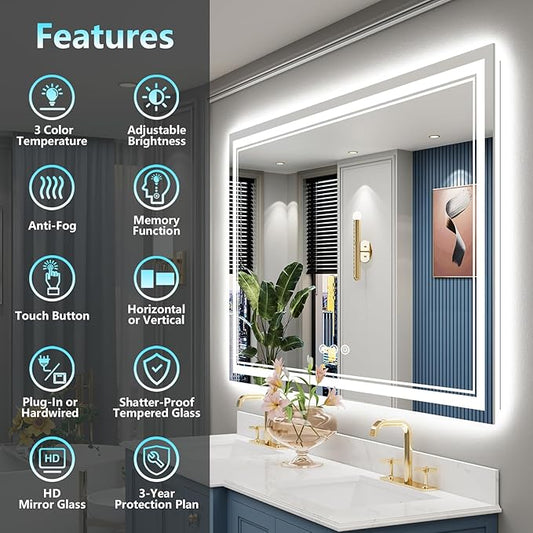 60x28 LED Bathroom Mirror with Lights, Backlit and Front Lit Anti-Fog Lighted Vanity Mirrors for Bathroom Wall, Dimmable, 3-Color Light, Memory, Shatter-Proof, HD Tempered Glass, CRI>90