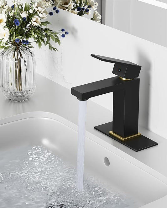 Midanya Bathroom Faucets 1 Hole, Single Handle Stainless Steel Bathroom Sink Faucet, Modern Vanity Faucets with Deck Plate,Water Supply Hoses and Pop Up Drain,Matte Black Handle and Brushed Gold