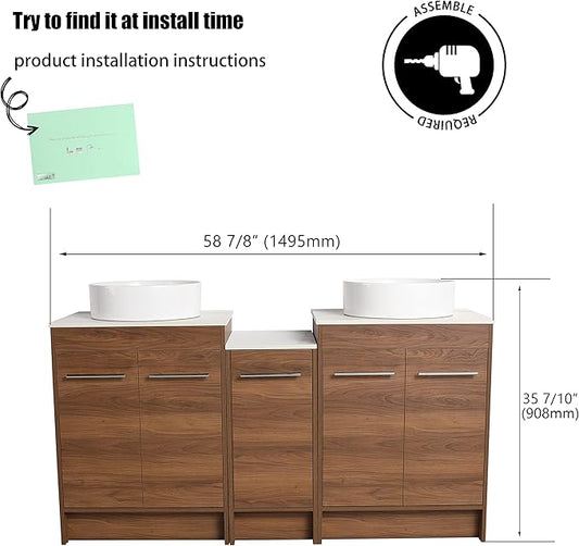 60" Bathroom Vanity with Ceramic Vessel Sink, 60 Inch Freestanding Double Sink Bathroom Vanity Combo, Brown Modern Floor Stand Cabinet Set (BRE400, 60 * 18)