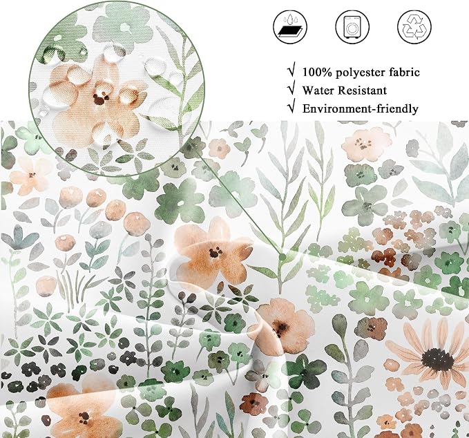 Green Gray Floral Colorful Cute Wildflower Boho Bathroom Shower Curtain Set | 72"W x 72"H Watercolor Funky; waterproof HD print, quick-dry fabric with 12 hooks for easy hanging.