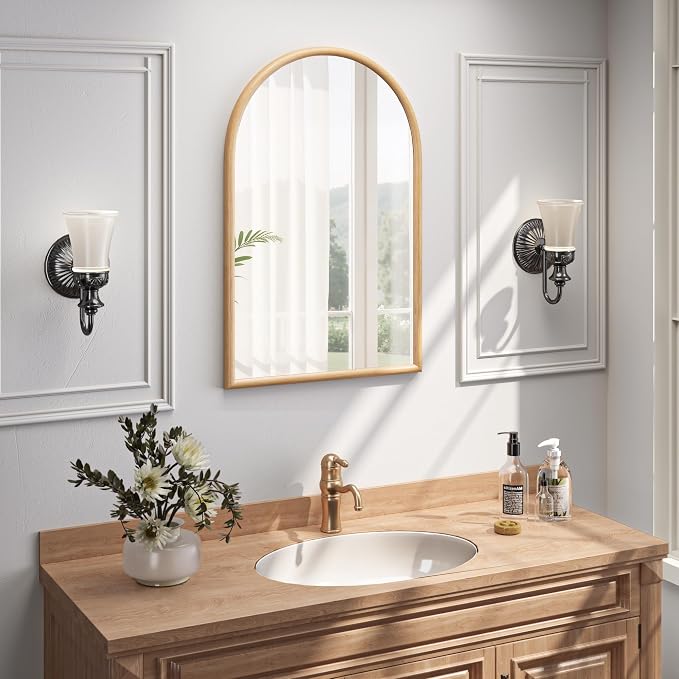 24"x36" Arch Wall Mirror for Wall, Wall Mounted Vanity Mirror for Bedroom, Wood Grain Finish Frame Mirror with Tempered Glass, Vintage Decorative for Bathroom, Entryway, Living Room, Natural