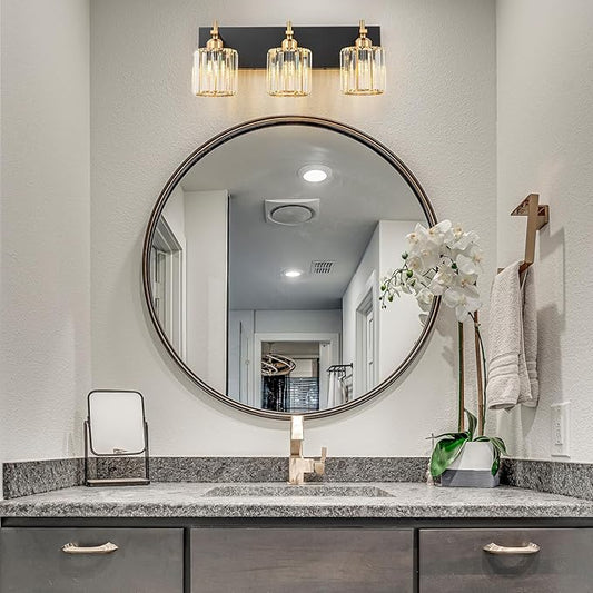 Modern Crystal Bathroom Vanity Lights, 3-Lights Black Gold Bathroom Light Fixtures Over Mirror, Crystal Vanity Light with Polished Gold Finish(Exclude Bulb)