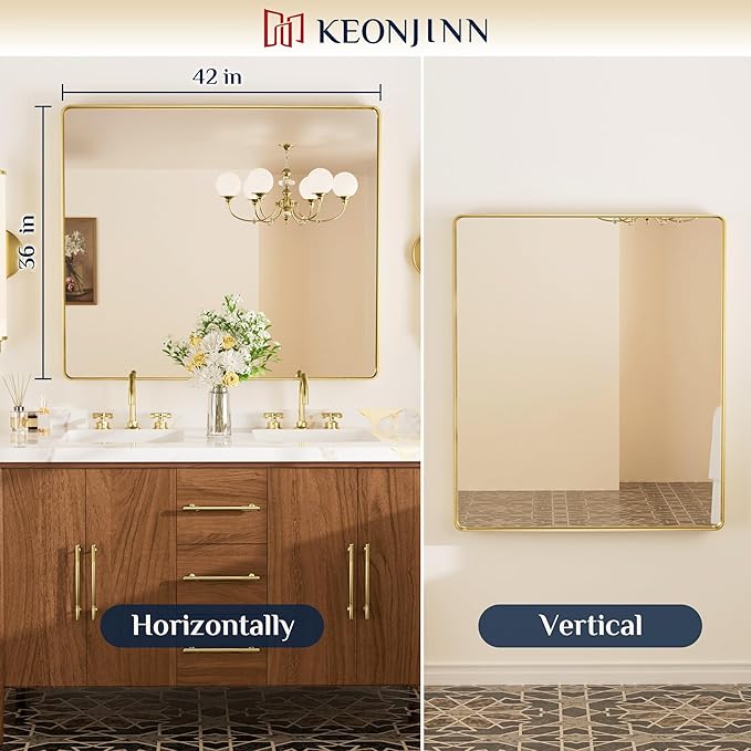 Keonjinn 42 x 36 Inch Gold Bathroom Mirror, Tempered Glass Vanity Mirror | Brushed Finish, Brass Vanity Mirror, Anti-Rust Aluminum Frame, Rounded Rectangle, French Cleat Mount, Ideal for Home Décor